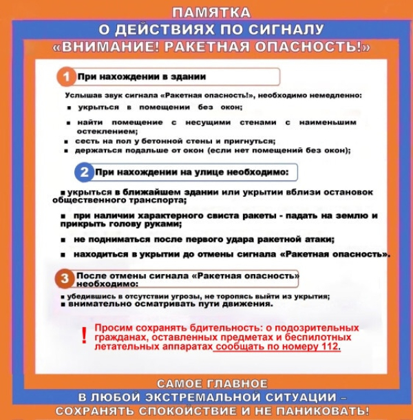 Памятка о действиях по сигналу ракетная опасность!